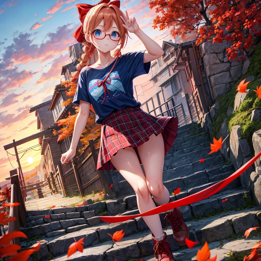 Red-blonde、blue hair、blue eyes、Braid、one good looking girl、solo、anime、Plaid miniskirt、camisole、black t-shirt、Tilting your face、Doing the ribbon、Ribbon at waist、sunset sky、stone stairs、petal、tunnel、Fallen leaves、wearing glasses、waterfall、contrail、pushing a pink bicycle
