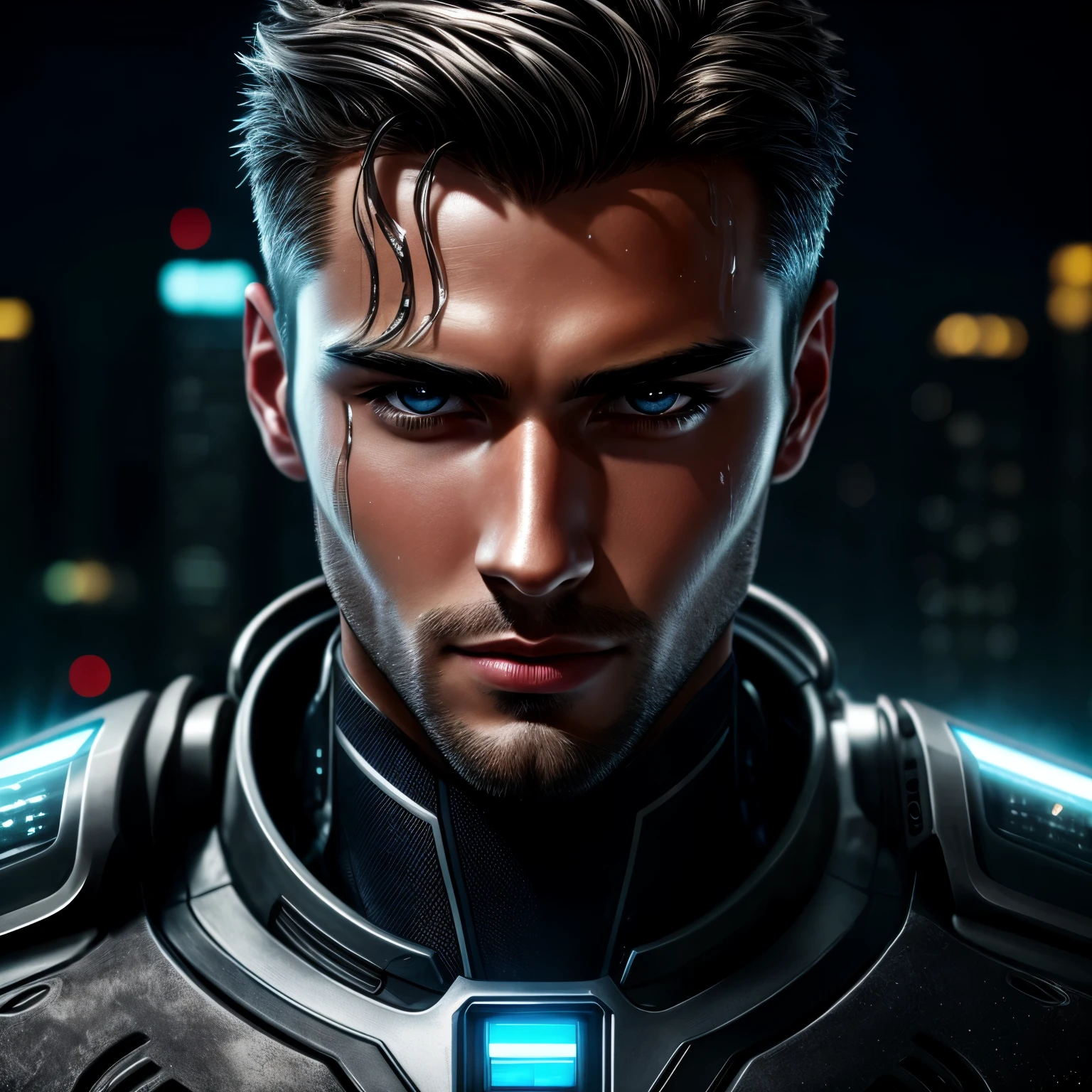 Close-up of handsome man with face wet with water, in silver mechanical iron cyber suit with technological features, from shoulders to head, in a city, Front view, Anxious, in a mechanical laboratory with technological traces of electrical wiring, cinematic style, hyper realism, no midjourney, 8k