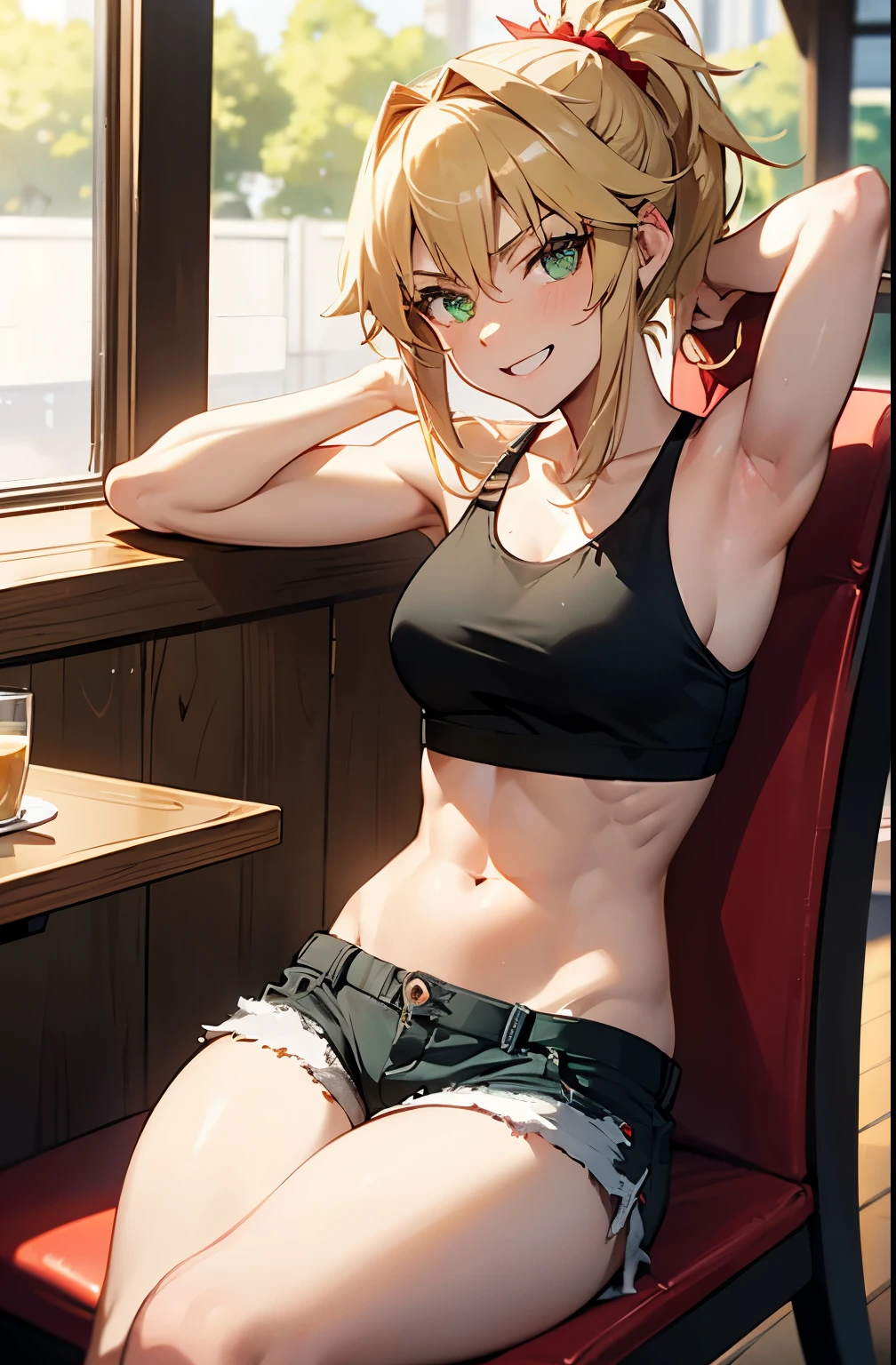 {mordred_fgo:1.15}, green eyes, ponytail, red_scrunchie, sexy, small_tits, blonde, muscular_body, casual clothes, crop_top, shorts, reclined in a chair, sitting, chair, cafe, cafeteria, hands behind head, laughing, laugh, 