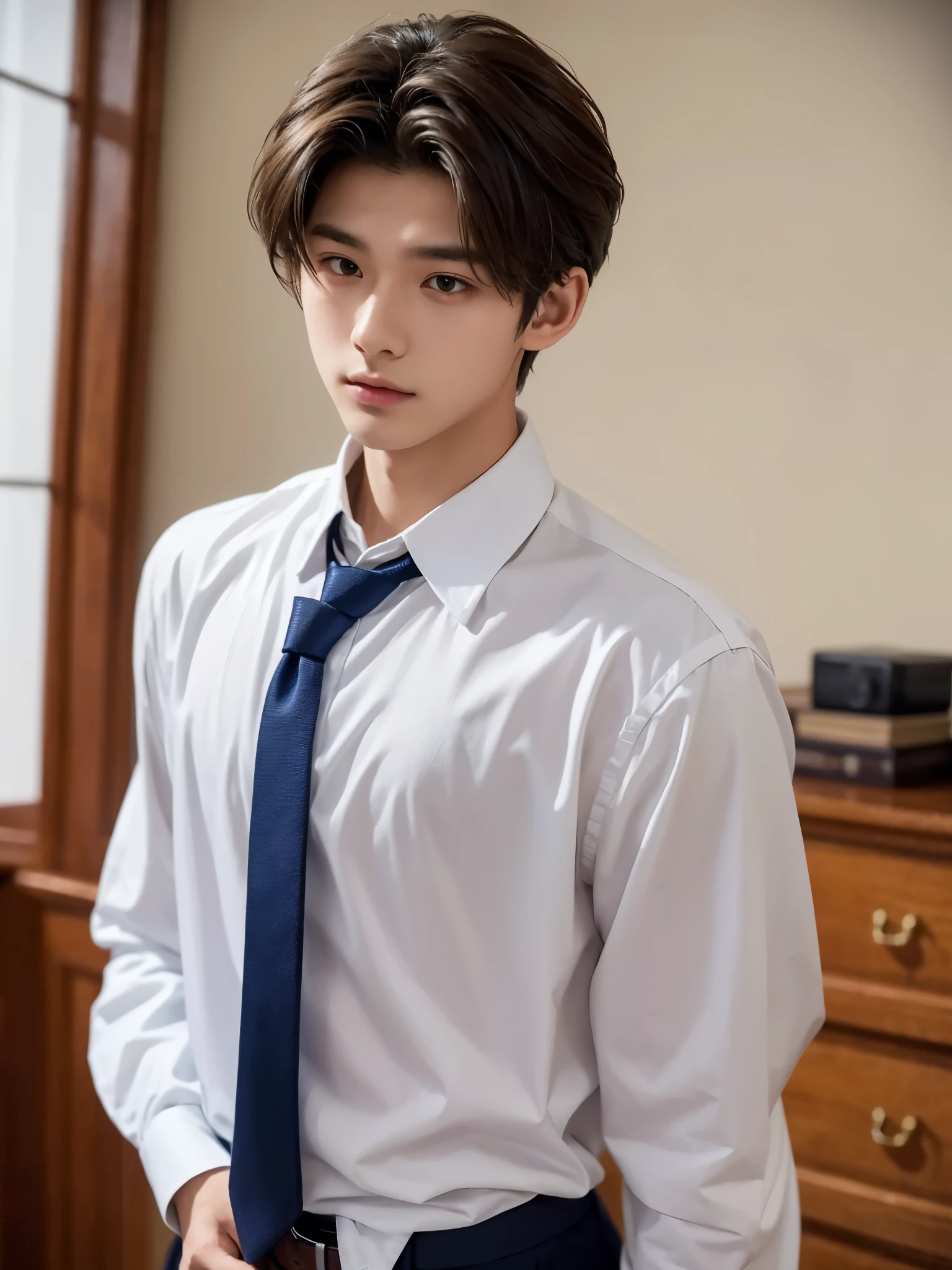 boy, y.o, handsome, comma hair, long-sleeved shirt, tie, high school
