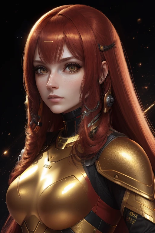 (best quality,8k:1.2,high resolution:1.2),ultra-detalhado,Realistic,space female,very long red hair,rosto extremamente detalhado,long eyelashes,gold metalic tight armour,gloves,Glossy accessories,Physically-based rendering,foco nítido,studio lighting