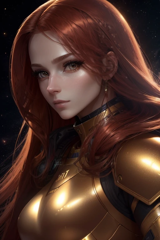 (best quality,8k:1.2,high resolution:1.2),ultra-detalhado,Realistic,space female,very long red hair,rosto extremamente detalhado,long eyelashes,gold metalic tight armour,gloves,Glossy accessories,Physically-based rendering,foco nítido,studio lighting