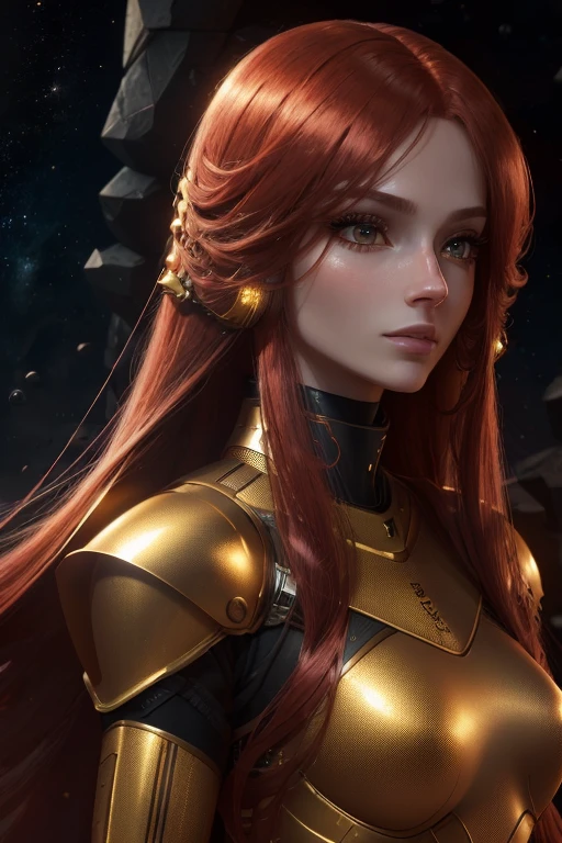 (best quality,8k:1.2,high resolution:1.2),ultra-detalhado,Realistic,space female,very long red hair,rosto extremamente detalhado,long eyelashes,gold metalic tight armour,gloves,Glossy accessories,Physically-based rendering,foco nítido,studio lighting