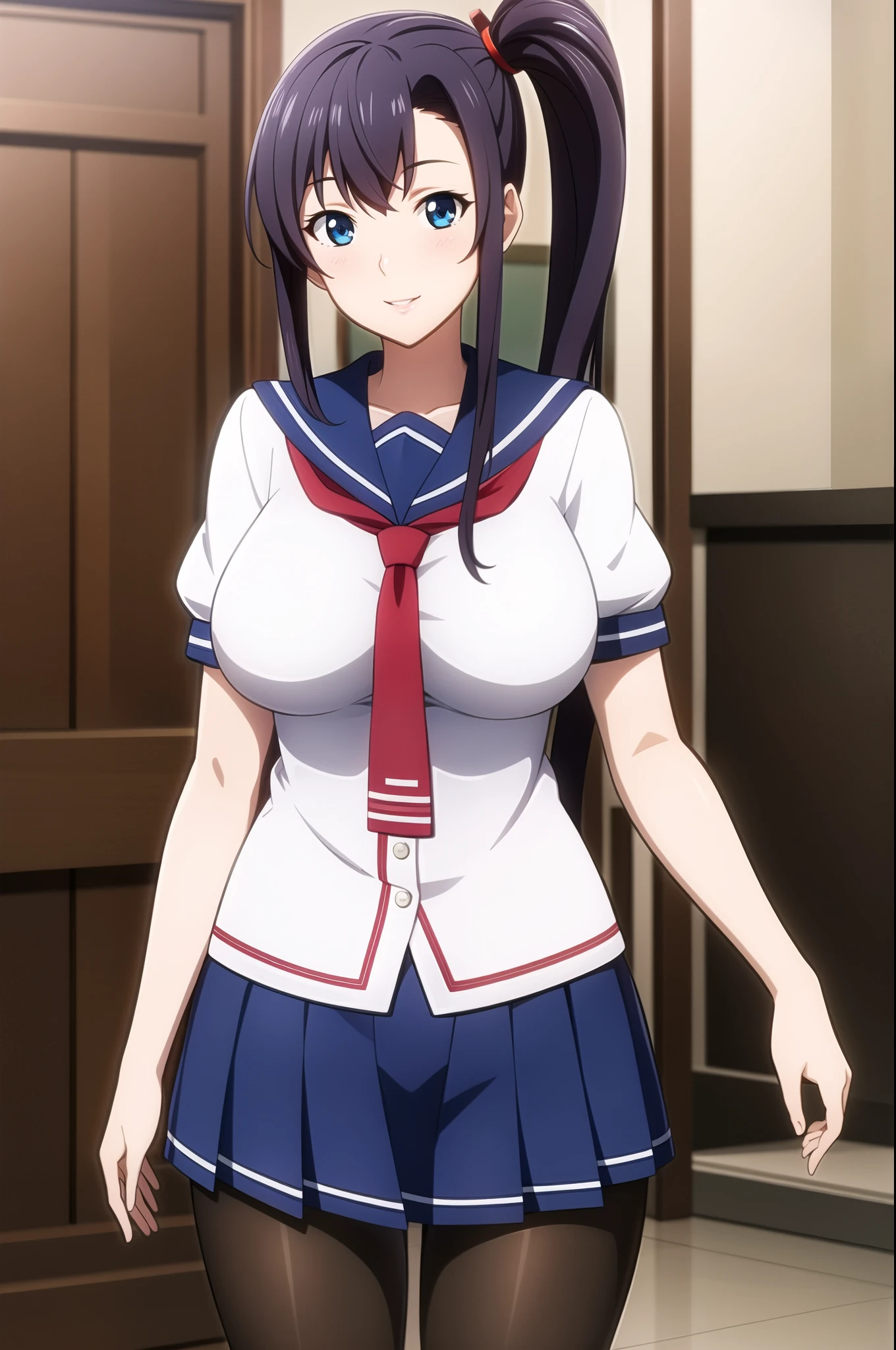 perfect eyes:1.2, detailed eyes:1.4, Blue sailor collar, school uniform, skindentation, cowboy shot, pantyhose, serafuku, short sleeves, Red neckerchief, White shirt, Blue eyes, Purple hair, bangs, side ponytail, Hair ornament, 20yo, Young female, Beautiful Finger, Beautiful long legs, Beautiful body, Beautiful Nose, Beautiful character design, perfect balance, smile, 1girl, solo, (masterpiece:1.6, best quality), 8k, insane details, intricate details, hyperdetailed, hyper quality, high detail, ultra detailed, professional, HDR, ray tracing reflection, cinematic lighting,