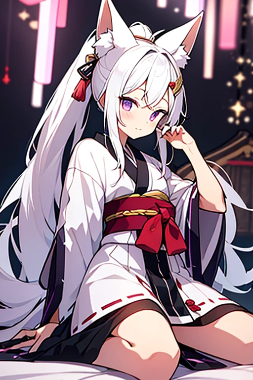 itako_v1,touhoku itako,white hair,very long hair,fox ears, purple eyes, ponytail, hair ornament,parted bangs, japanese clothes,white kimono,geta,tabi,