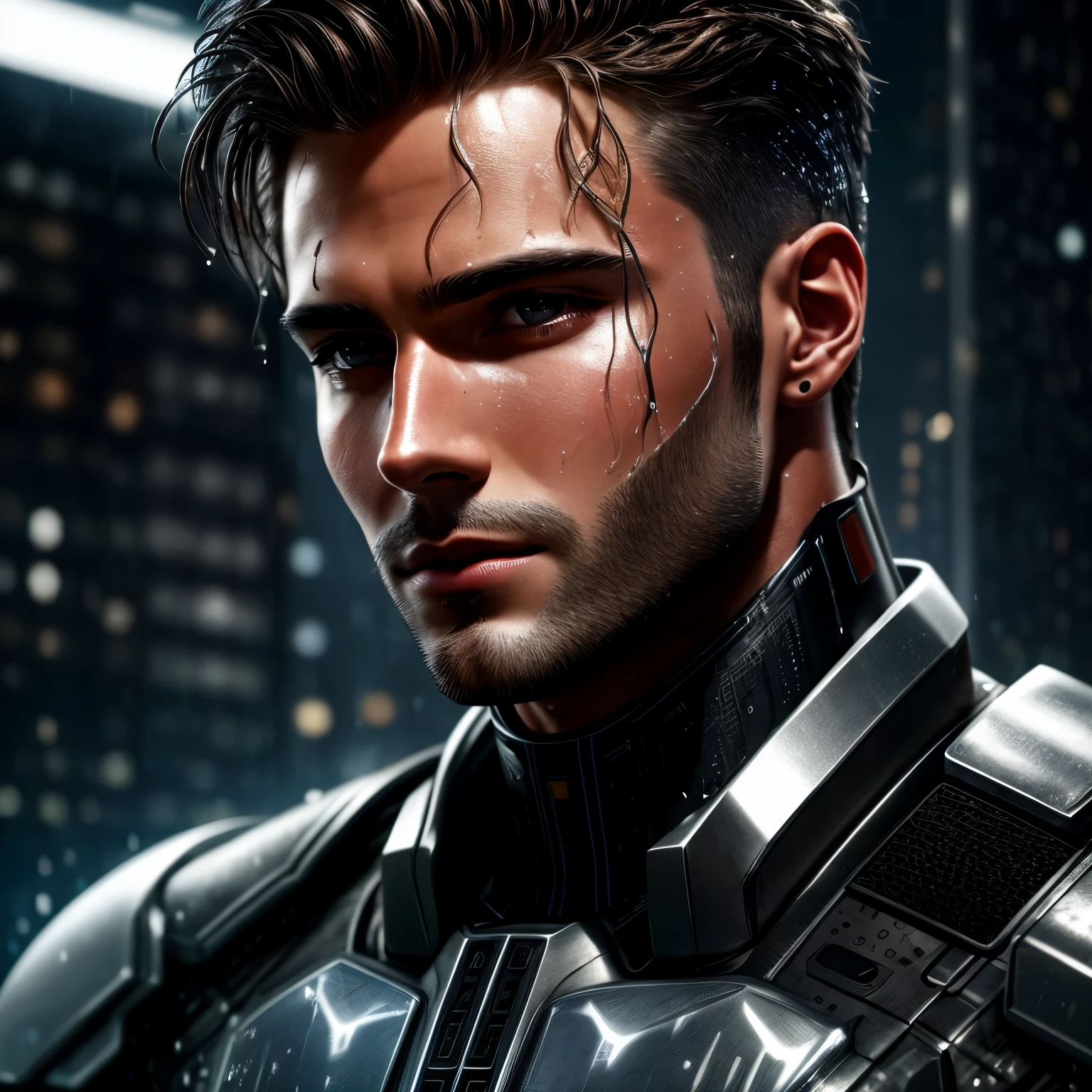 A close up of a man in a futuristic suit with a city in the background ...