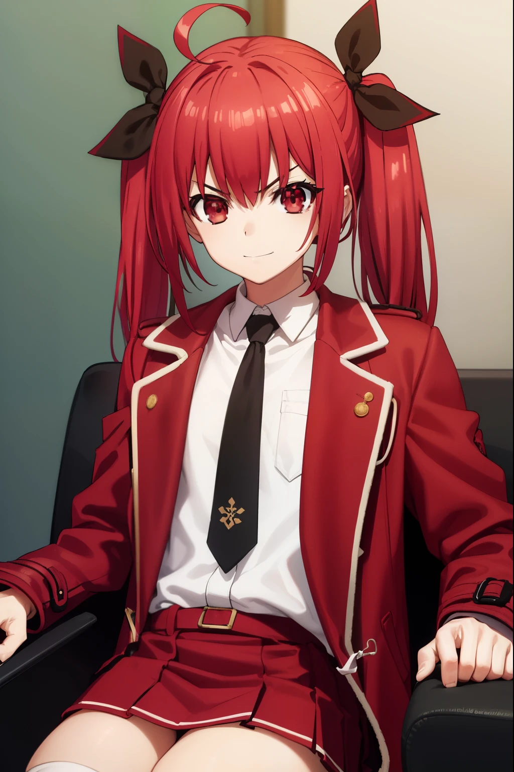 kotoriitsuka, kotori itsuka, long hair, (red eyes:1.5), red hair, ahoge, (flat chest:1.2),
BREAK (coat on shoulders:1.7), (white shirt:1.5), coat, (red coat:1.5), collared shirt, long sleeves, twintails, hair ribbon, black ribbon, necktie, school uniform, skirt, red skirt, pleated skirt, thighhighs, black necktie,
BREAK looking at viewer, (sitting:1.5), throne, from below, smile, angry, chair, crossed arms,
BREAK indoors,
BREAK (masterpiece:1.2), best quality, high resolution, unity 8k wallpaper, (illustration:0.8), (beautiful detailed eyes:1.6), extremely detailed face, perfect lighting, extremely detailed CG, (perfect hands, perfect anatomy),