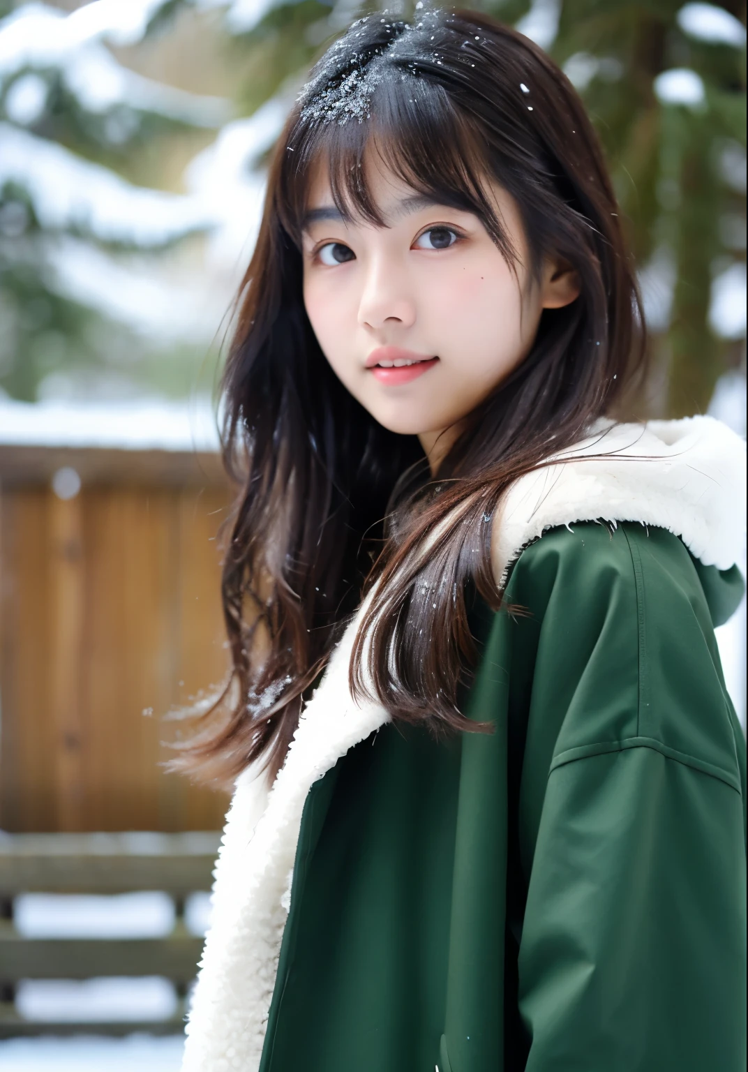 Japanese、20-year-old、black hair、long hair、cute、Delicate down to the smallest detail、High resolution、Green coat、wood grain、front、whole body、snow、winter