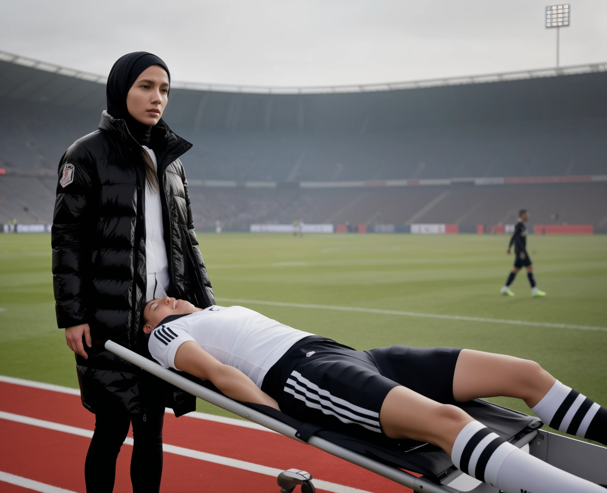 a woman in a shiny and quilted PVC-coat, a man on a stretcher, a woman standing in laquered Moncler downcoat made from very shiny patent fabric, lacquered and very shiny Moncler down coat, Woman in hijab wearing a man on a soccer field, Realistische Szene, realistische Aufnahme, Ein hyperrealistisches, Detaillierte Szene, a very smooth and very shiny and very glossy padded Moncler down coat, His hands cover his face, The man held his hands in front of his face, Both hands are in front of his face, Bald man on a stretcher, die von einer Frau getragen wird, A football scene in a stadium in Italy , Gargling woman in shiny black plastic coat in front of us with angry face and extremely horrified and desperate expression on her face from right to left across the football field, Frau, who wears a stretcher in a horizontal orientation, on which lies an injured footballer in dull and dusty blue sportswear, The footballer lies sideways on the stretcher, the legs slightly bent and the upper body turned towards us, and has both arms bent and his hands in front of his face, The footballer's head on the stretcher lies close to the women's deep black plastic coat and is covered by the footballer's arms and hands, The footballer in the Cotton Sportswear mat has his hands clasped in front of his face in pain, eine Aura des Schmerzes und der Traurigkeit ausstrahlend, The beautiful woman in the shiny black plastic coat carries the injured soccer player on the stretcher, which she carries across the soccer field in front of our eyes, In the background you can see the occupied stands of a football stadium, A football match in Italy, Sportverletzung, Transport auf der Trage, Jennifer Lopez, high res photo, Ultra-realistisches Foto, Fotorealistische Aufnahme, Super high-resolution and sharp photo, Shiny black plastic burqa, Bester Schuss, Beeindruckendes Gewinnerfoto, realistische Aufnahme, Perfekter Schuss, verletzt, Intensiver Moment, 📷