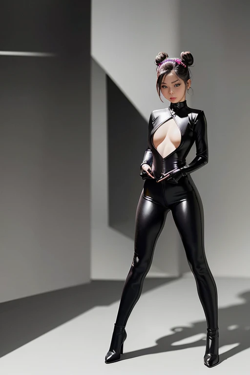 One beautiful young girl with western features, attractive and detailed female face, black hair shaved on the sides, smiling, full body, sexy slim athletic body, six pack abs, beautiful girl wearing a tight black zero suit and goths boots, hallway, high resolution, best quality, 4k