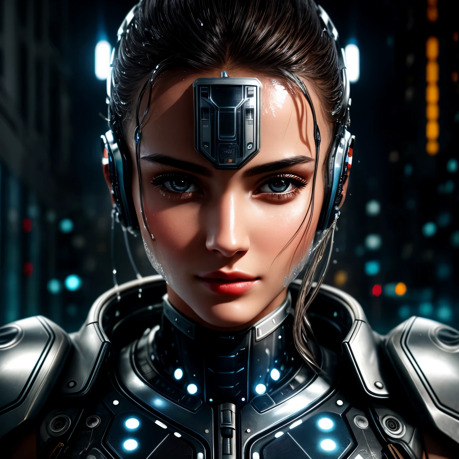 Close-up of beautiful woman with face wet with water, in silver mechanical iron cyber suit with technological features, from shoulders to head, in a city, Front view, Anxious, in a mechanical laboratory with technological traces of electrical wiring, cinematic style, hyper realism, no midjourney, 8k