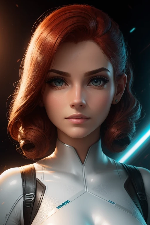 (best quality,8k:1.2,high resolution:1.2),ultra-detalhado,Realistic,vintage science fiction female superhero,retro, red hair,rosto extremamente detalhados,long eyelashes,Collant de nylon branco Apertado,white pantyhose,white gloves, white Glossy plastic accessories,Physically-based rendering,foco nítido,studio lighting