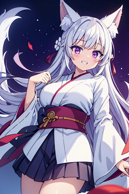 animal ears, 1girl,huge breast,dynamic angle,dutch angle, japanese clothes, white hair, kimono, long hair, fox ears, fang, purple eyes,wide sleeves, bangs, long sleeves, blush, sleeves past wrists, solo, sash, very long hair, looking at viewer, hagoromo, cloud, shawl, white kimono, obi, (fighting stance:1.2),fire, grin,happy,itako_v1,