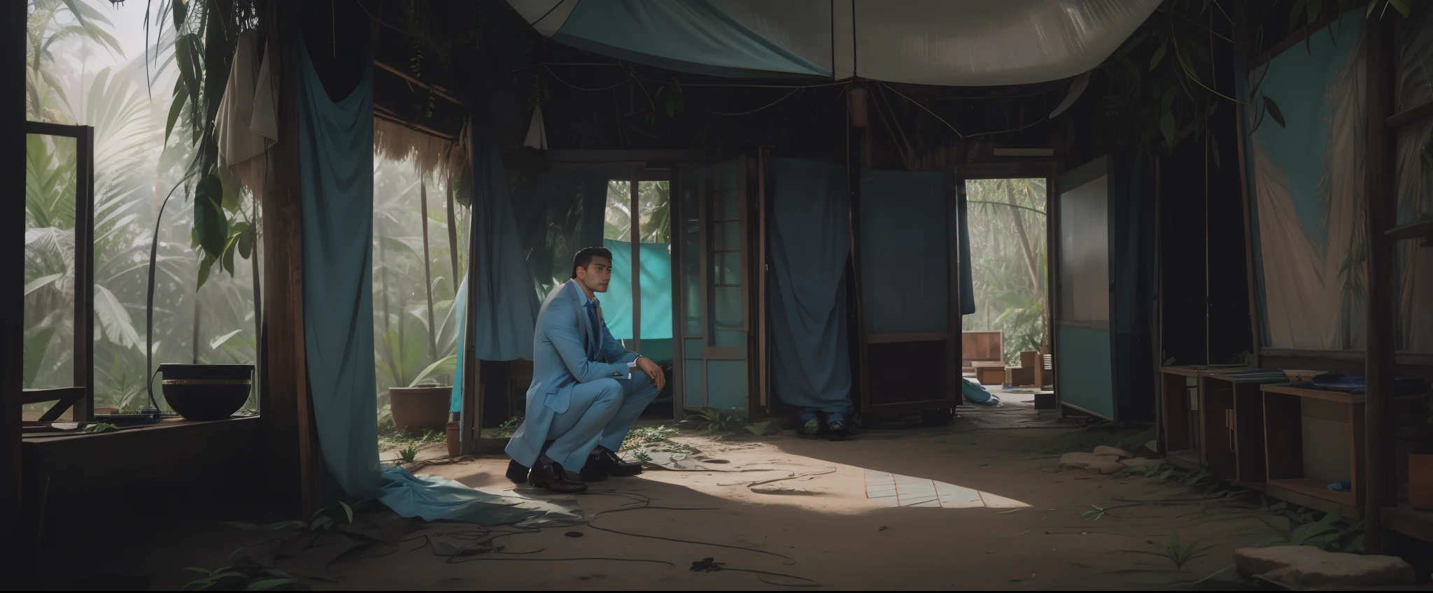 a man in a $3000 pastel blue suit in a jungle paradise, RAW, 8K, UHD, candid, amateur, close up, ((thinking he made a big mistake))