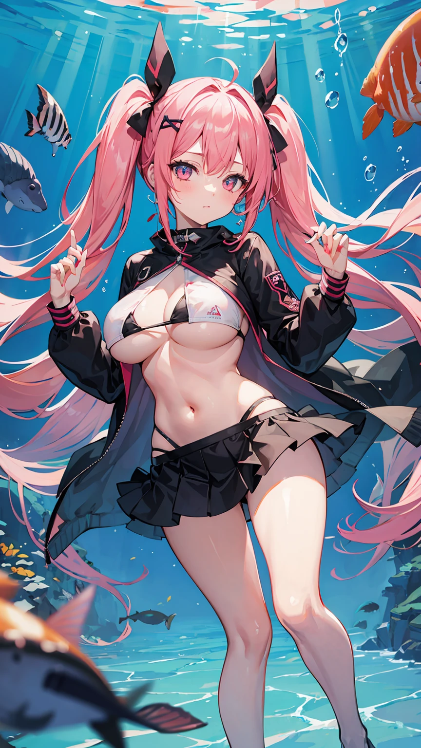 1girl,female photo,solo,big breasts,((underboob)),very cute,pink long hair,twintail,miniskirt,luminous effect,((underwater)),modern buildings on the background,best quality,high quality,masterpiece,lively colors,vibrant lighting,sharp focus,urban setting,contemporary art style,surrealistic,playful atmosphere