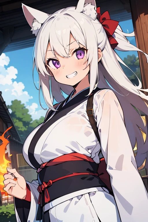 animal ears, 1girl,huge breast,dynamic angle,dutch angle, japanese clothes, white hair, kimono, long hair, fox ears, fang, purple eyes,wide sleeves, bangs, long sleeves, blush, sleeves past wrists, solo, sash, very long hair, looking at viewer, hagoromo, cloud, shawl, white kimono, obi, (fighting stance:1.2),fire, grin,happy,itako_v1,