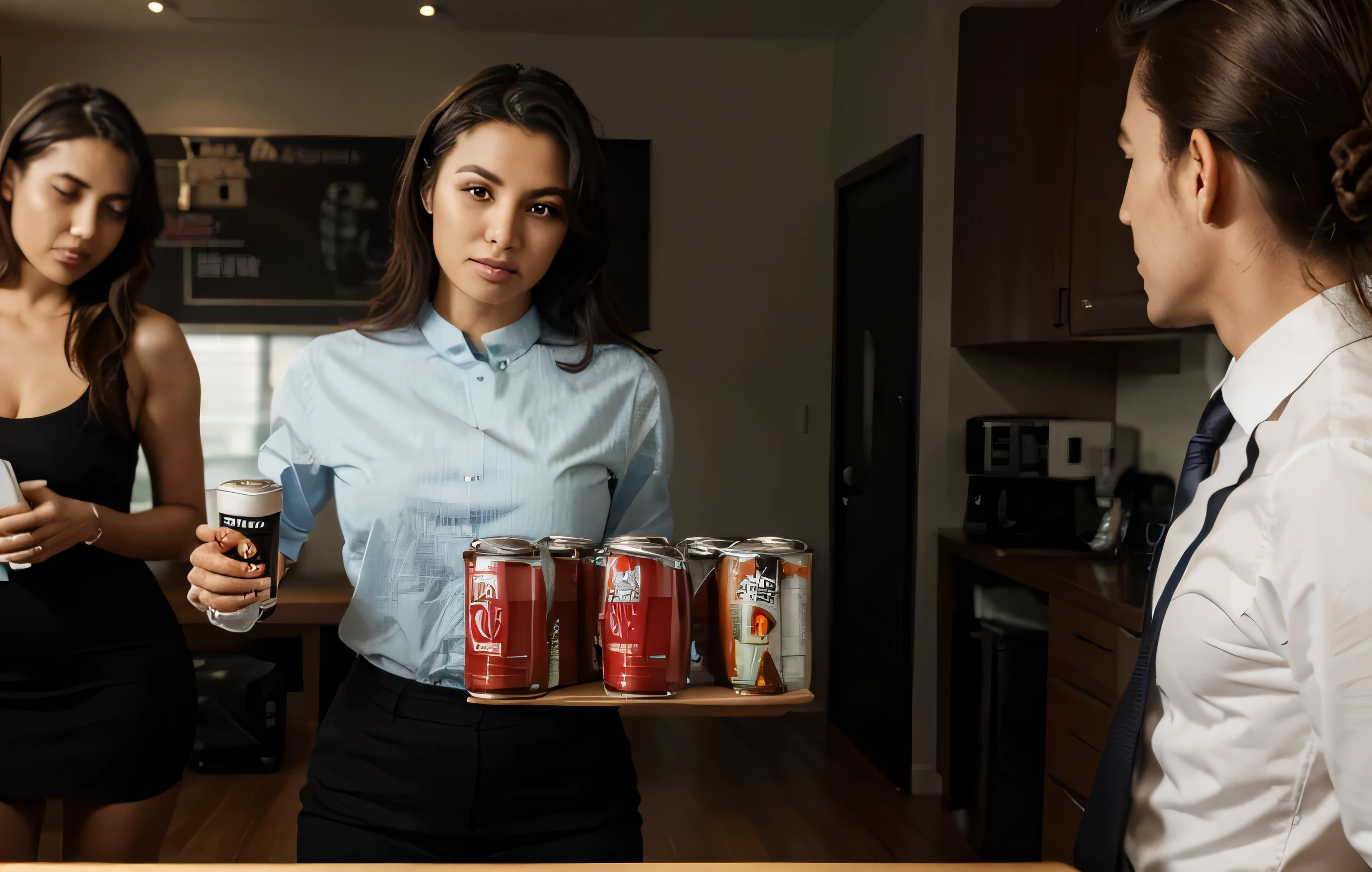 business man on the background, giving canned coffee drinks to colleagues, inside an huge office