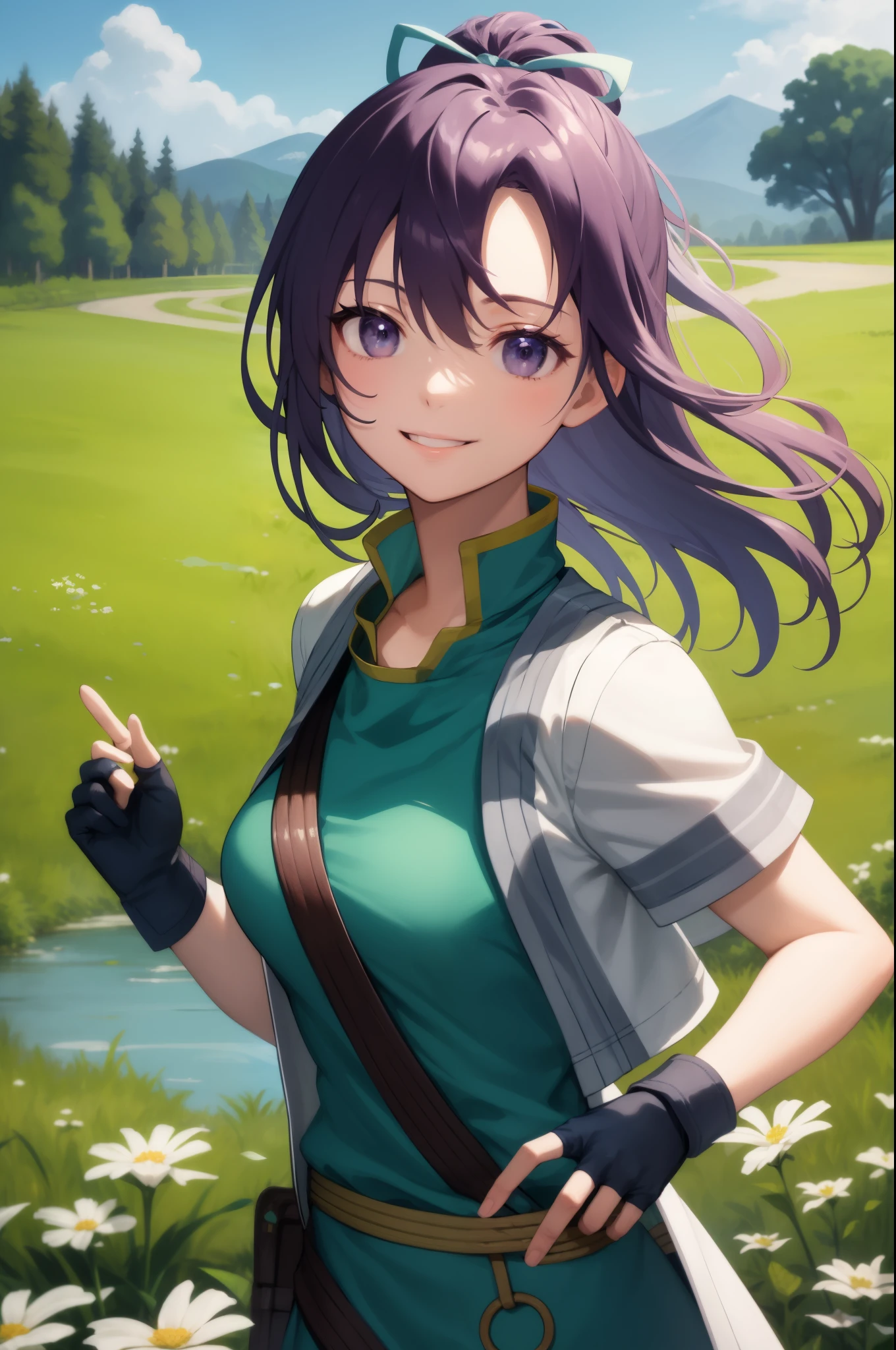 masterpiece, best quality, fefir, hair ribbon, green dress, white jacket, short sleeves, fingerless gloves, belt, upper body, smile, looking at viewer, field, sky, stream, idyllic landscape  