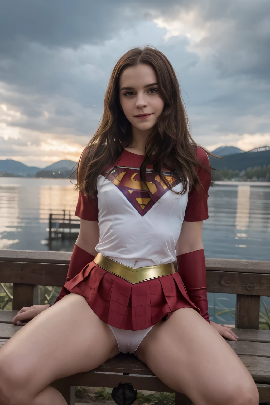 RAW, Best quality, high resolution, realistic, masterpiece: 1.3), emma watson as Supergirl, black hair, perfect nose,perfect lips, perfect eyes, smiling, detail :1.2),1 supergirl in short red skirt, shinny blue skinsuit, full body image detail, watery eyes, RAW, Best quality, high resolution, masterpiece, soft smile, sitting high on a lakeside bench, spread legs wide open showing white lace panties, red skirt, show cameltoe, medium thick thigh, provocative pose, outdoor Vancouver city, cloudy weather, full body picture.