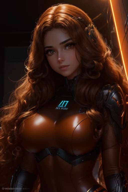 (best quality,8k:1.2,high resolution:1.2),ultra-detalhado,Realistic,retro science fiction female superhero,very long curly hair,rosto extremamente detalhados,long eyelashes,all sheer brown Collant de nylon Apertado,all brown orange pantyhose,brown latex gloves, brown Glossy plastic accessories,Physically-based rendering,foco nítido,studio lighting