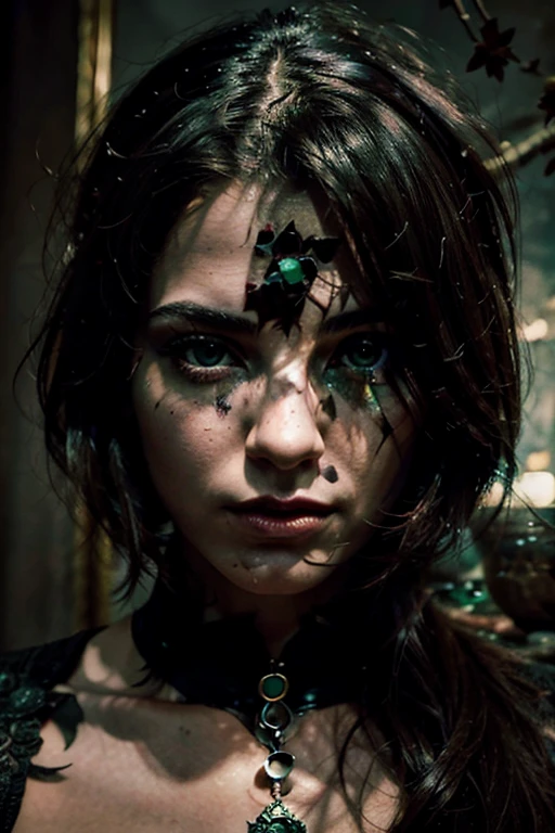EMPTY, EMPTY, Breathtaking realistic cinematic filmed in a movie scene, vibrant colors, highly detailed, Presented in Cinemascope, creating a moody atmosphere. ANGEL'S FACE WITH GREEN EYES AND EXTREMELY SENSUAL BODY. Surreal Witchcraft: An abstract character portrait of a beautiful and fascinating master witch, with her face surrounded by intricate dark flowers, birds and other surreal elements, by Russ Mills