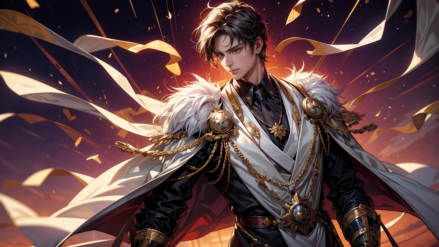 Constantine the Great, Roman Emperor Constantine the Great resurrected in modern times。34 years old。one adult male。Long body。broad shoulder。thick neck。eyes like a lion。Bright and sharp eyes。Looking here。Sincere and kind。Kind and reliable。Deal with it sternly if necessary.。talented and hardworking businessman。successful gentleman。careerist。he is wearing a high quality white suit。dark purple tie。Light purple shirt。forceful。An overwhelming sense of control。romance novel hero。Bold composition。look up to。lyrical。Dramatic。heartful。Romantic。Travel situation。Exotic。opulent。elegan。elegance。Background of Constantine in Algeria reflected in the sunset。​masterpiece。top-quality。Super beautiful。The ultra -The high-definition。detaileds。exquisite。anime.
