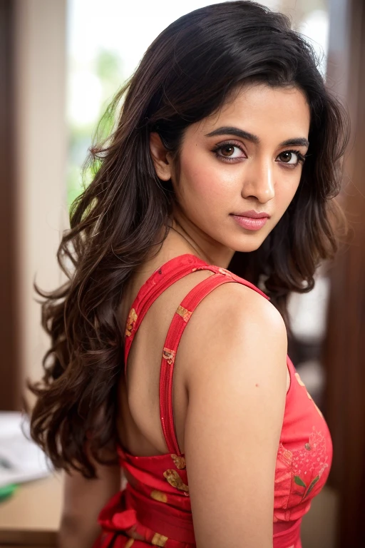 Portrait of confident-looking indian woman with long flowing hair, wearning painted kimono, hazel eyes, medium_breasts,random pose, perfect composition, hyperrealistic, super detailed, 8k, high quality, sharp focus, studio photo, intricate details, highly detailed, ), (softer lighting: 1.05), (increase the quality of cinematic lighting: 0.9),  realistic lighting, backlight, light on the face, ray trace, (bright light: 1.2), (increase quality: 1.4),