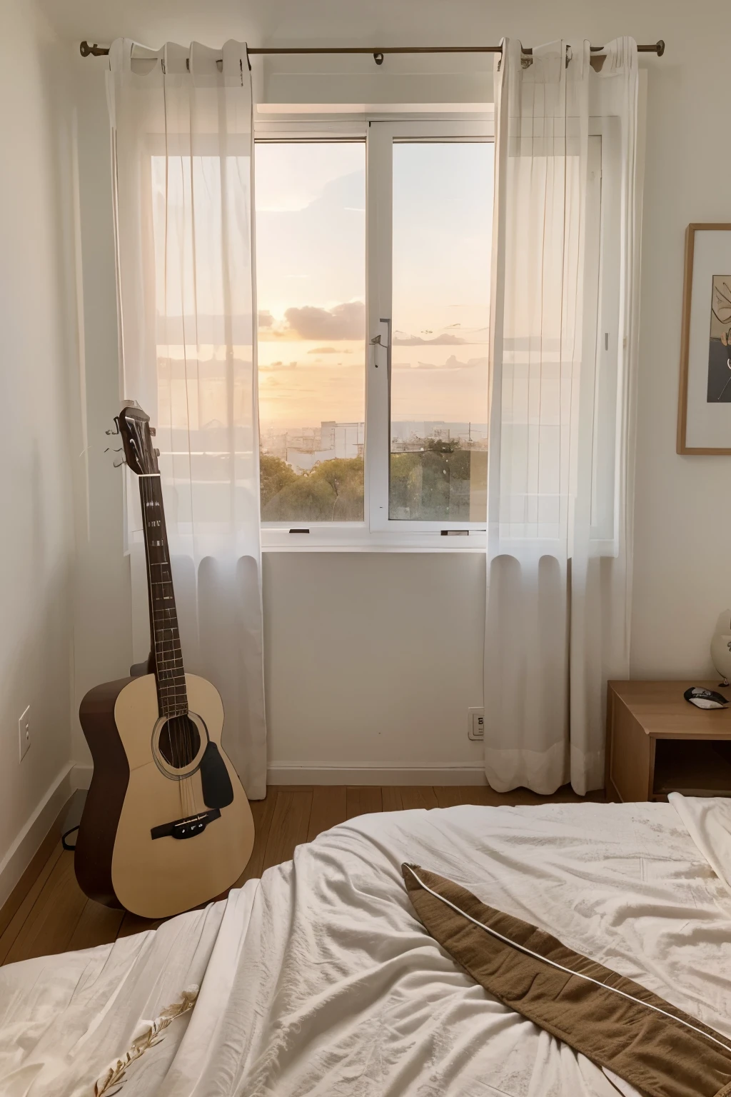 "Crie uma imagem de plano geral que represente um quarto com pouca luz. Destaque as paredes decoradas com fotos de um adolescente, dono do quarto, registrando momentos especiais. Na cama, highlight a guitar carefully placed on a white sheet, suggesting an artistic passion. The window should reveal a sunset scene, adding a serene atmosphere to the scene. Be sure to capture the details in the photographs and the subtle lighting that emphasizes the personal and nostalgic character of the space."