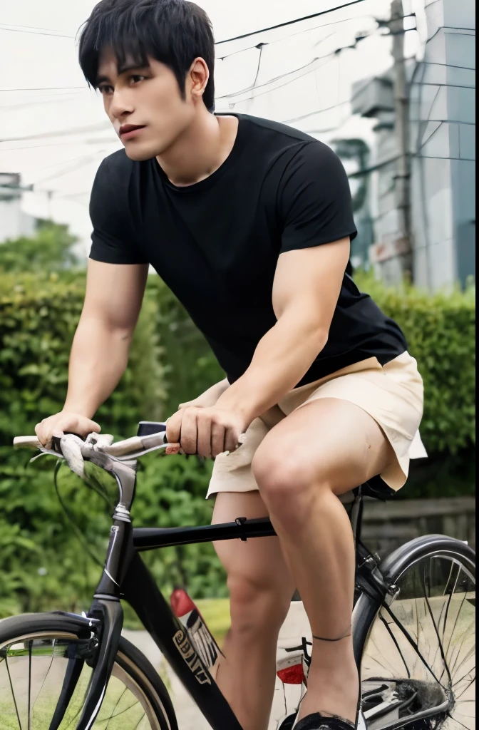 Riding a bicycle, whole body, hairy legs, muscular and toned legs, two block, long legs, Japan male, 27 years old, Thin beard, wearing beige shorts, wearing a black T-shirt, very short hair, black hair