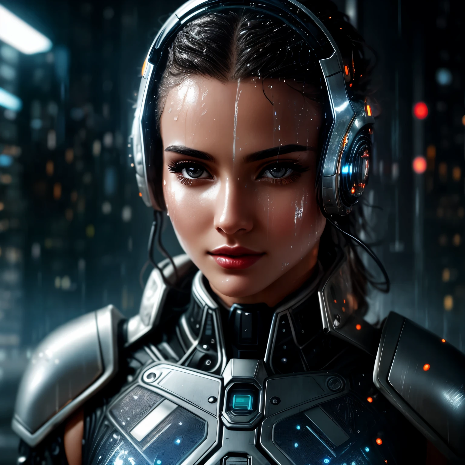Close-up of beautiful woman with face wet with water, in silver mechanical iron cyber suit with technological features, from shoulders to head, in a city, Front view, Anxious, in a mechanical laboratory with technological traces of electrical wiring, cinematic style, hyper realism, no midjourney, 8k