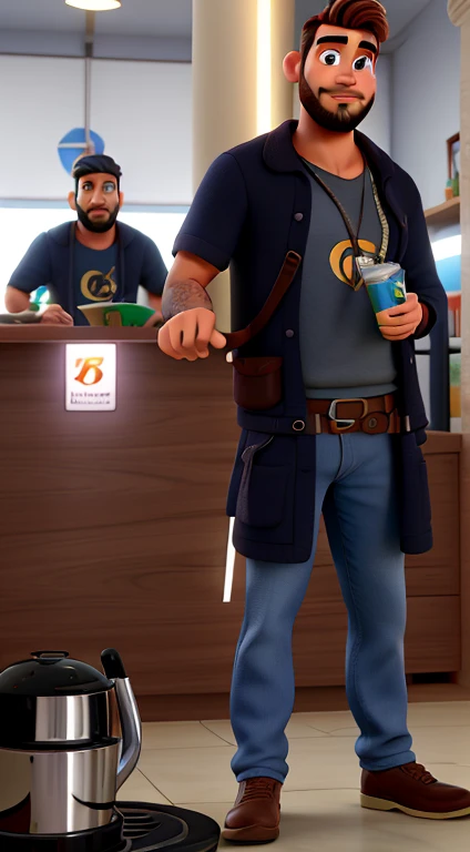 um homem , barbeiro, moreno , com barba, estilo disney pixar , alta qualidade, melhor qualidade