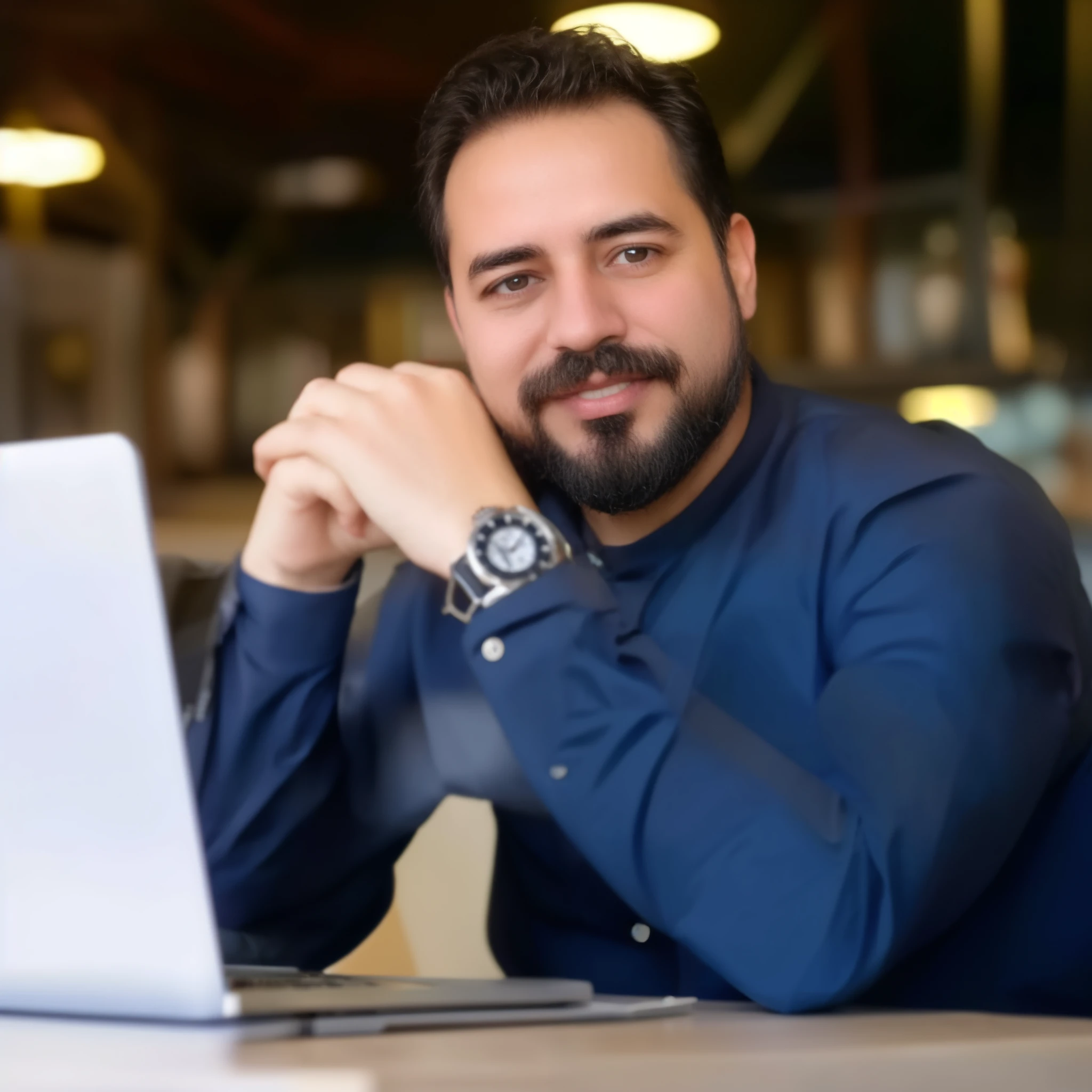 (office background:1.5), Homem branco, (barba longa:1.2), barba lenhador, very short hair cut by machine, olhos claros, shy smile between open, Man sitting at a desk with a laptop, foto de perfil, foto profissional, imagem profissional, homem na casa dos 35 anos, foto de perfil profissional, postagem no reddit, codificador criativo com um computador, imagem de avatar, hiper-realista, textura realista, dramatic lighting, (melhor qualidade:1.1), profundidade de campo, HDR, shallow profundidade de campo, luz ampla, alto contraste, backlight, florescer, brilhos de luz, chromatic aberration, sharp focus