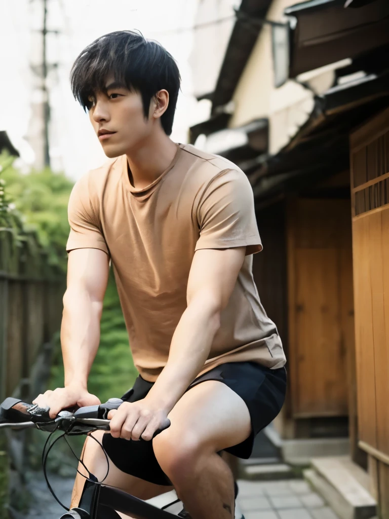 Riding a bicycle, whole body, hairy legs, muscular and toned legs, two block, long legs, Japan male, 27 years old, Thin beard, wearing beige shorts, wearing a black T-shirt, very short hair, black hair