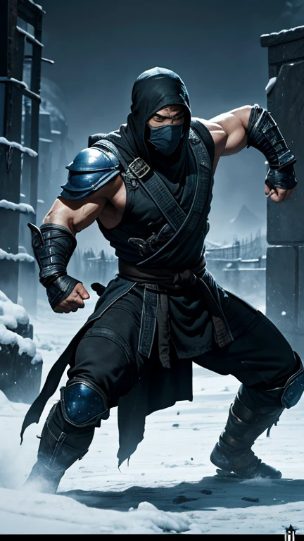 Mortal Kombat movie, ninja sub zero, Dynamics, masterpiece, dark colors, strength, post-apocalyptic lanscape, poster