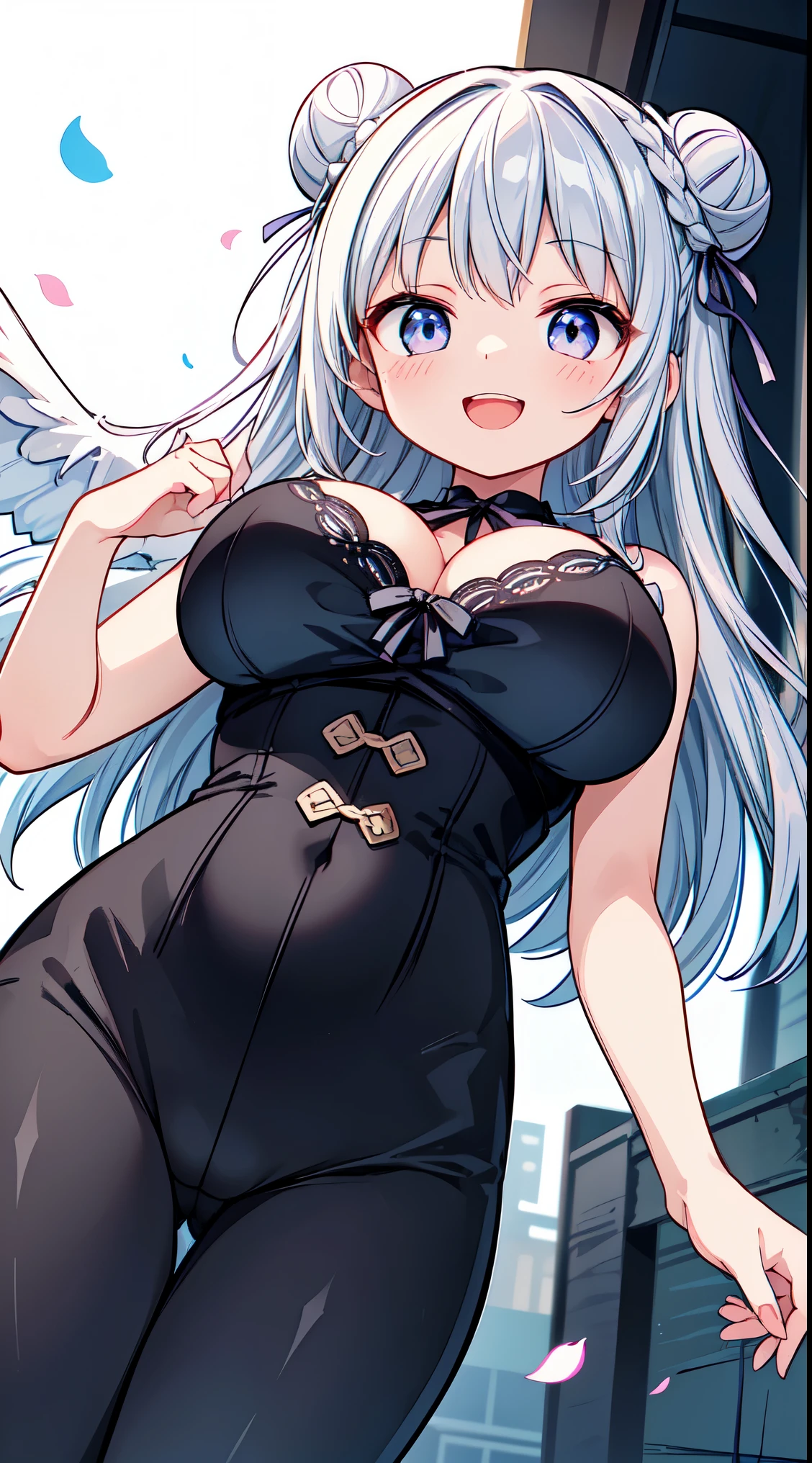 (masterpiece, top quality, best quality, official art, beautiful and aesthetic:1.2),ultra-detailed,intricate details,amazing illustration,award-winning art,atmospheric,
BREAK, 1girl in, (Cute:1.5),(Cool:0.8), (Beauty:1.5),(Chibi:0.5), ( girl), (girl, Older sister, Unclear, Beautiful face of Japan:1.2) BREAK, (A detailed eye,Tsuriformes:1.2),(Silver hair,Long hair in a bun,Deco:1.8),(huge breasts:1.35),star eye silhouette, (long eyelashes, Double eyelids:1.2), cleavage, ,Swaying udder, Clear skin, Beautiful skin, Shy, Erect ,Clear skin, Beautiful skin, Shy, gleaming skin,(best quality face),(Top quality glowing eyes),(The best smile,Doya face:1.45), ),Solo,gleaming skin, Clear skin, Beautiful skin,(best quality face),(Top quality glowing eyes),(The best smile,:D:1.45), nose blush, sleepy, grin, open mouth, BREAK,arms below breasts,
BREAK //Fashion
Garden Sprite in Pastel Harmony,
Jumpsuit with oversized butterfly wings in pastel colors,
Playful ruffles and layers for a whimsical touch,
Cinched waist for a flattering silhouette,
Flower-adorned garland worn as a crown,
Ribbons intertwined with braided hair,
Lace-up sandals or ballet flats with ribbon ties,
Dewy makeup with pastel eyeshadows,
Glitter or flower petal accents on cheeks,
Pastel-colored nail polish for a finishing touch,
BREAK,(morning), The girl is breakdancing on the city street,(The city at night is wrapped in beautiful flowers of light. This light illuminates the buildings and streets of the city, dispelling the darkness. The flowers of light brighten people’s hearts and bring hope and joy. This scene is a symbol of beauty and hope, a moving moment.)depth of fields,
BREAK,wakame,wakame,wakame,(Cowboy Shot,from below:1.4),
BREAK,(Blurry background:1.3),(absurderes, hight resolution, Super Detail Art),cel shading,Clear Color, Lonely optical effect, Beautiful pictures, Bright glow, mystic atmosphere,(Close-up of girl:1.1), Mystical light particle effect,manga influence, clean line draw