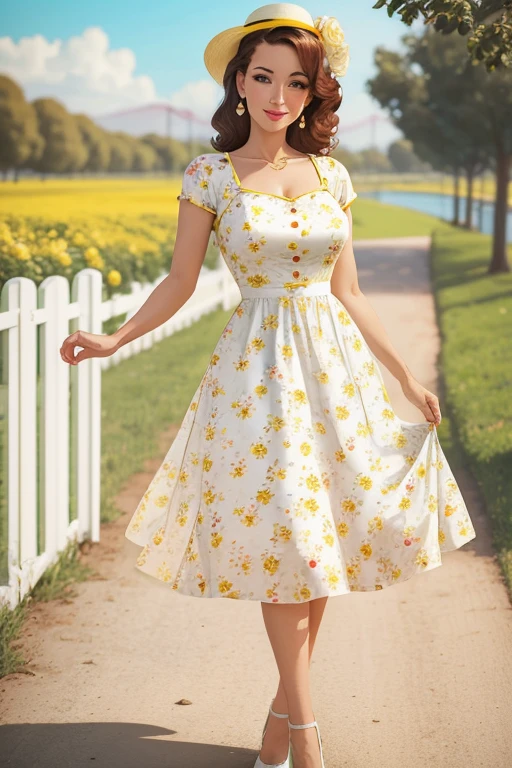 Best quality, woman, 40´s pinup style, floral white and yellow fence dress, florish