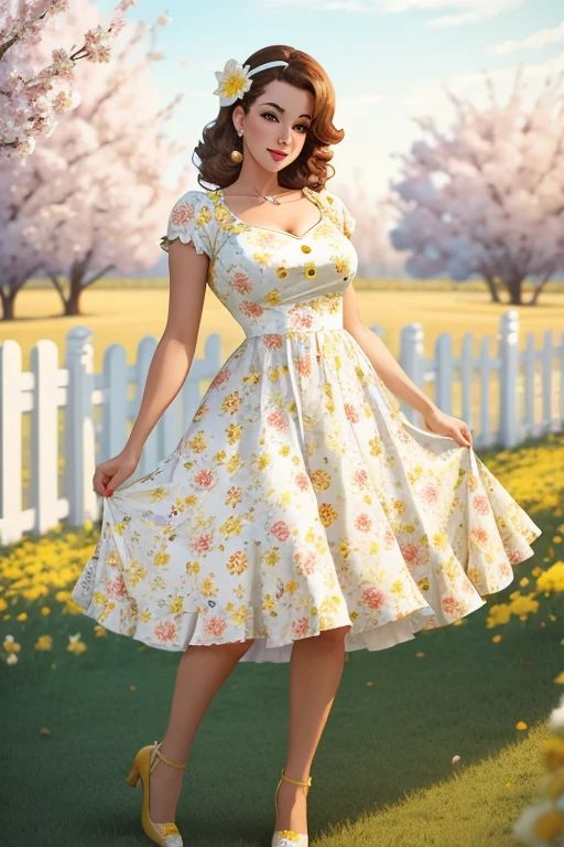 Best quality, woman, 40´s pinup style, floral white and yellow fence dress, florish