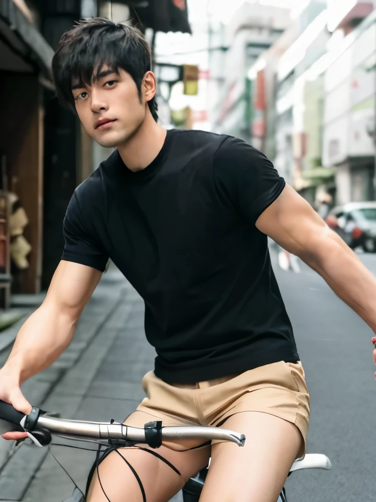 Riding a bicycle, whole body, hairy legs, muscular and toned legs, two block, long legs, Japan male, 27 years old, Thin beard, wearing beige shorts, wearing a black T-shirt, very short hair, black hair