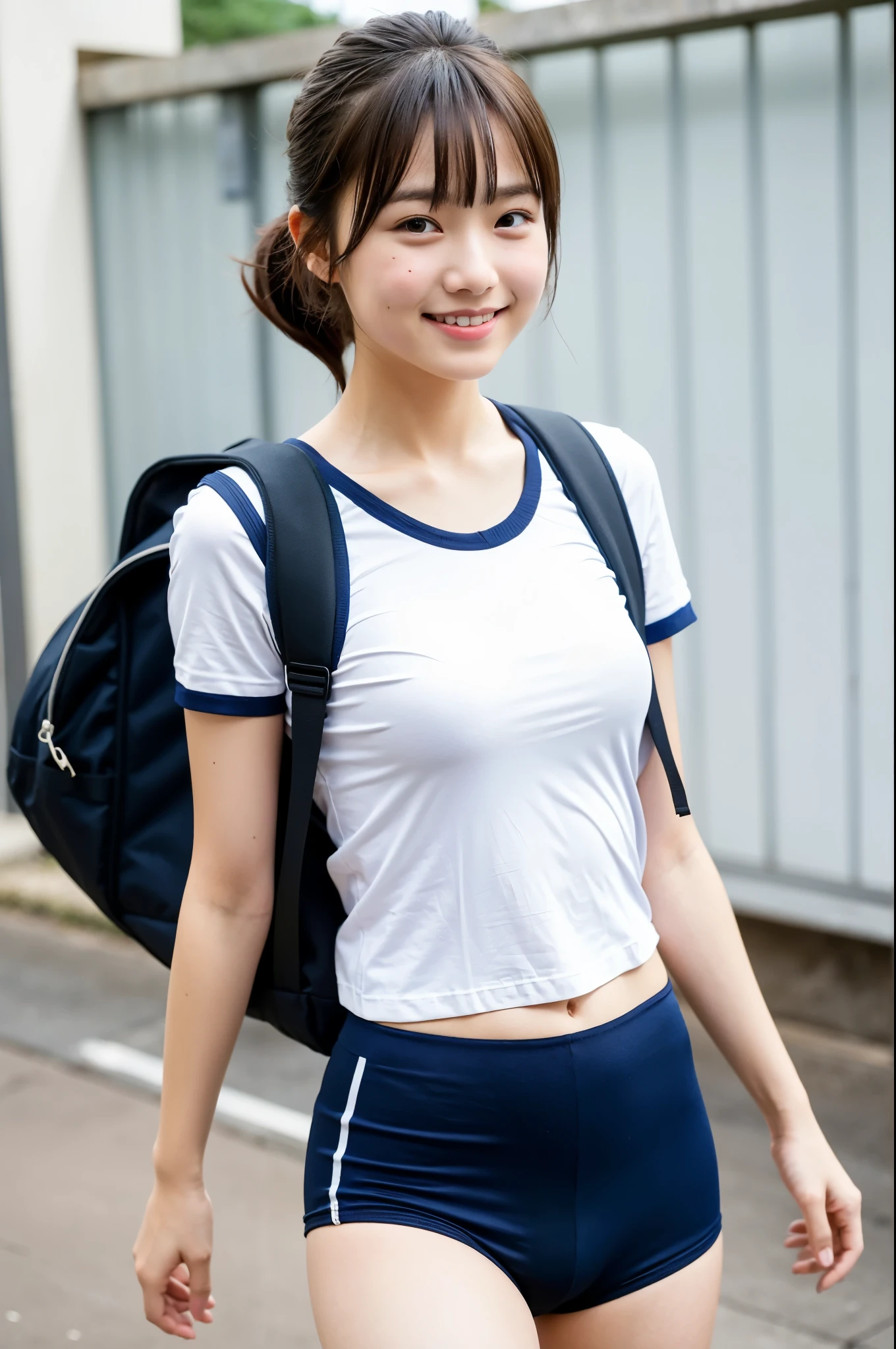 girl walking in school yard,short-sleeved white plain t-shirt with navy blue trim,navy blue speedo-style briefs,school bag,18-year-old,bangs,a little smile,thighs,knees,short cut hair,low ponytail,from below,front-lighting