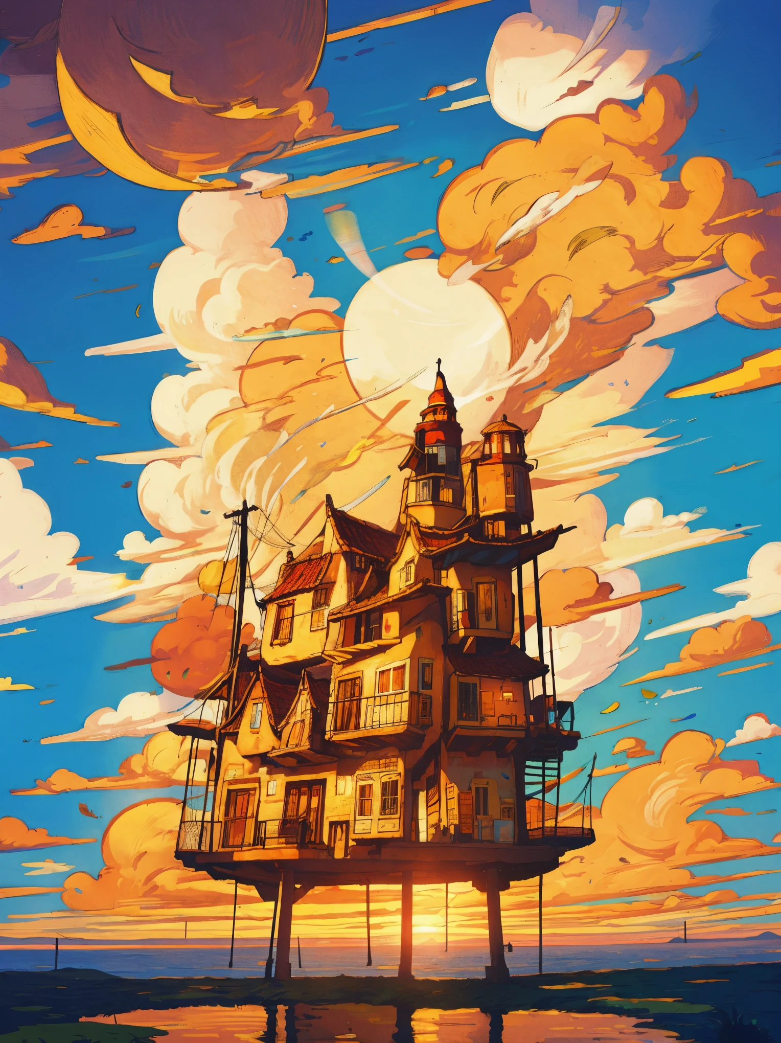 Drawings of windmills and houses on floating islands, floating city on clouds, Floating city in the sky, inspired by Winsor McCay, industry, Flying Island in the Sky, an immense floating castle, palace floating in the sky, A floating island in the sky, castle in the sky style, floating and flying island, Cloud Palace