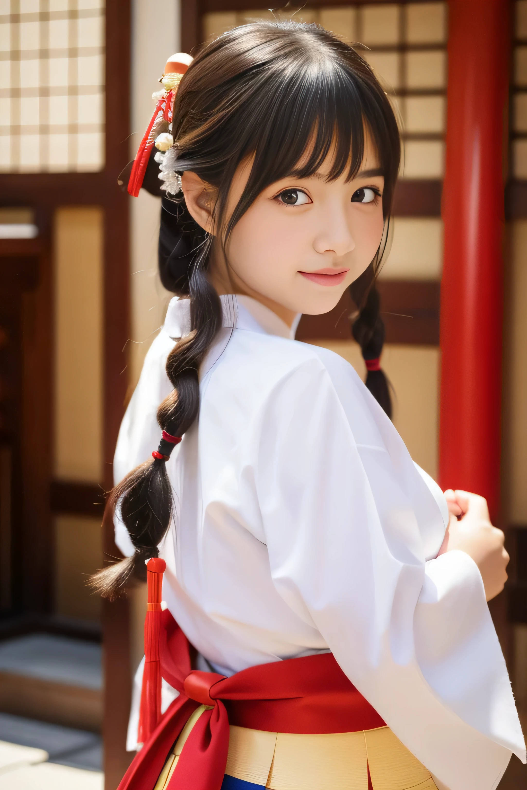 whiteいシャツと赤いスカートの女性、　 what i do&#39;wearing、　In general,、　Traditional、　hakama kimono、　Japanese style、　Complex、　white, thin and transparent hanfu、　（S-class super cute girl at the shrine）、　big breasts、The shape of the nipples、　（CG Unity 8K high resolution photo）、　（very cute girl with very detailed）、　（super realistic photos）、　（（One little loli S class super cute girl））、　（（highest quality））、　Super detailed、　masterpiece、（Round eyes are slightly larger、　viewer、　very beautiful straight hair、　black haired、　Braid、　A woman with a gentle atmosphere、　bright pictures、　15 years old