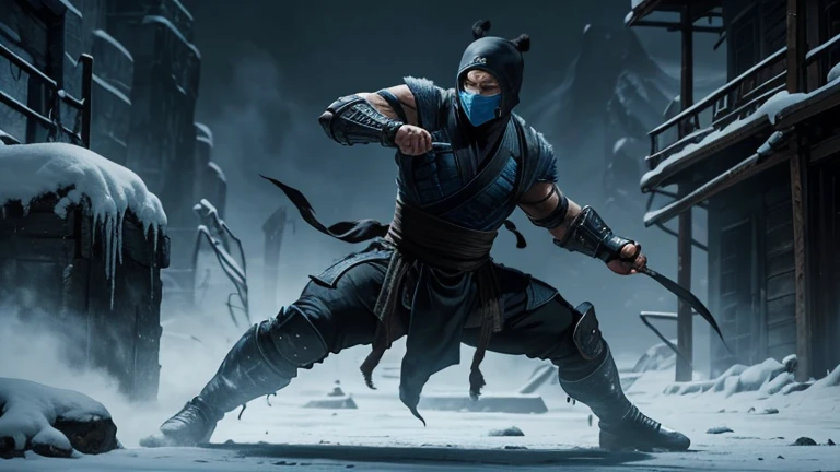 Mortal Kombat movie, ninja sub zero, Dynamics, masterpiece, dark colors, strength, post-apocalyptic lanscape, poster