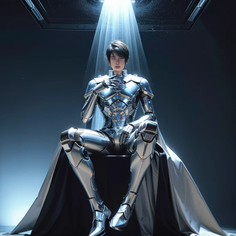 (((best quality, 4k))), (androgynous male robot emperor, his testicles are made of glass, exposed and very fragile, which is critical weakness of his otherwise ideal design, he thinks he rules the world, but you can end his reign easily, he is just a robot with glass testicles after all)