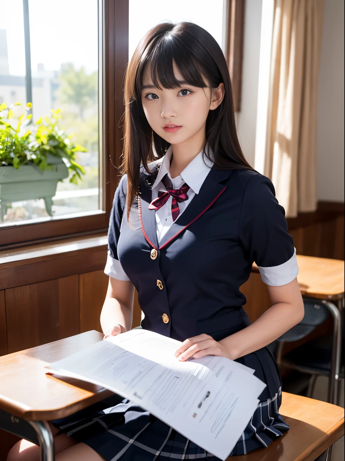 ****ung girl, cinematic light, bangs, short cut hairstyle、red ribbon、big breasts、(High School Uniform ,mini skirt:1.3), School, classroom, clear、(highest quality:1.0), (realistic:1.0), (8K, RAW photo:1.1), (8k非常にbecome familiar withなCGユニットの壁紙), (highest quality), (best illustrations), (best shadow), (become familiar with: 1.4), 3D, HDR (high dynamic range), ray tracing, NVIDIA RTX, super resolution, scattered below the surface, PBR texture, Post-processing, anisotropic filtering, Depth of written boundary, maximum sharpness and acutance, multilayer texture, Albedo and highlight mapping, surface shading, Accurate simulation of light-matter interactions, perfect proportions, octane rendering, 超realistic、Photographed with Canon EOS R5、50mm lens、f / 2.8