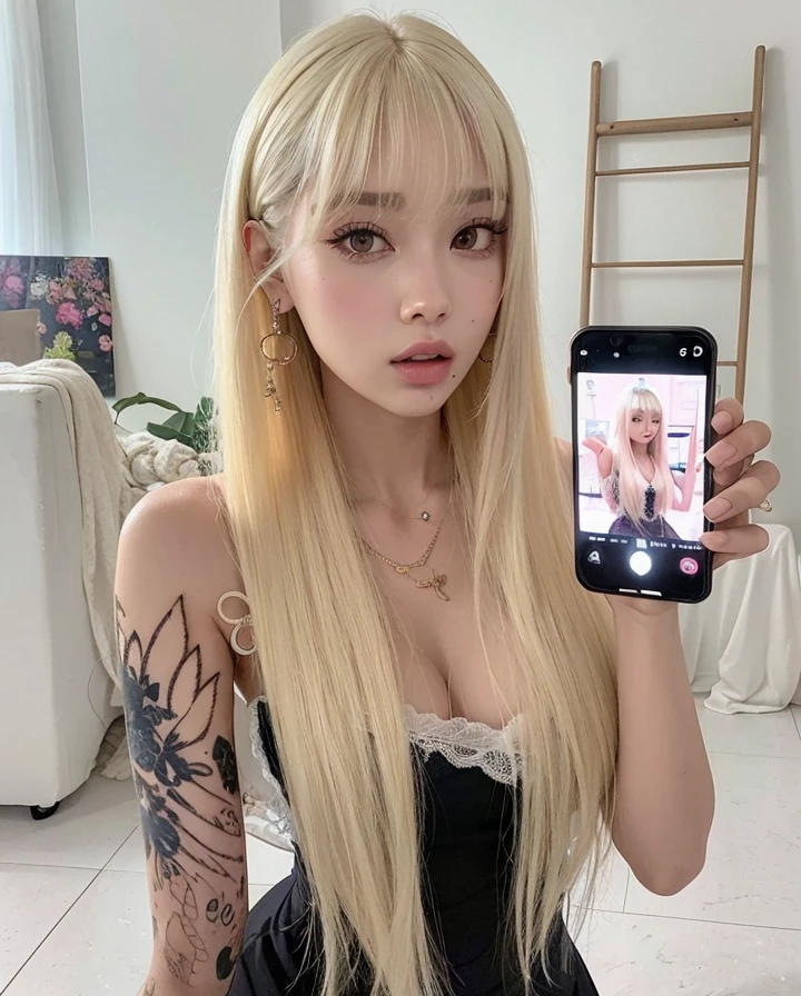mulher loira com cabelos longos segurando um celular para tirar uma foto, long hair com franja completa, longos cabelos brancos e franja, long hair com franja, ava max, retrato de Kim Petras, cabelo loiro extremamente claro, com cabelos loiros muito longos, cabelo loiro muito claro, com franja completa, com franja, com longos cabelos loiros, cabelo com franja branca, Jennie Kim, Jennie Black pink, jennie