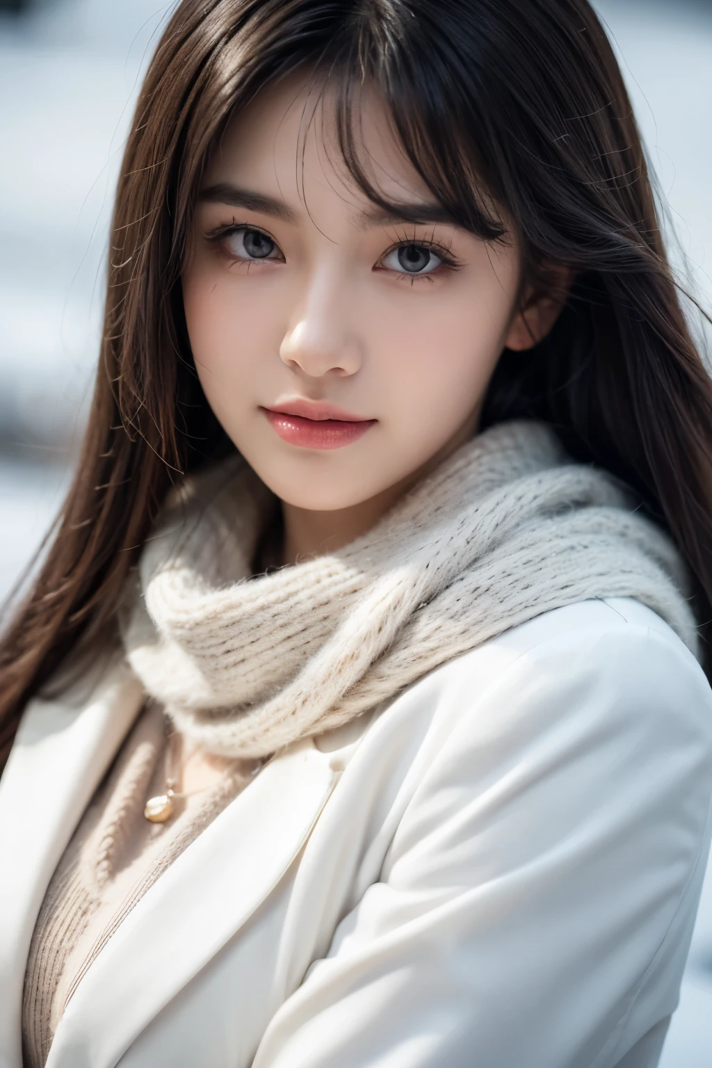 (close-up:1.4),(RAW photo:1.2), (photorealistic:1.4),(masterpiece:1.3),(best quality:1.4), dreamlike, (detailed eyes),(detailed facial features), (detailed clothes features), skin tight, (shiny skin),(slender girl),(slim girl), 1girl,solo, cute,smlie,(medium breasts), bangs, straight hair, long hair, black hair, black eyes, crystal pendant, Long blue scarf,White long wool coat,Black thick pantyhose,Brown snow boots, deep shadow, low key,,