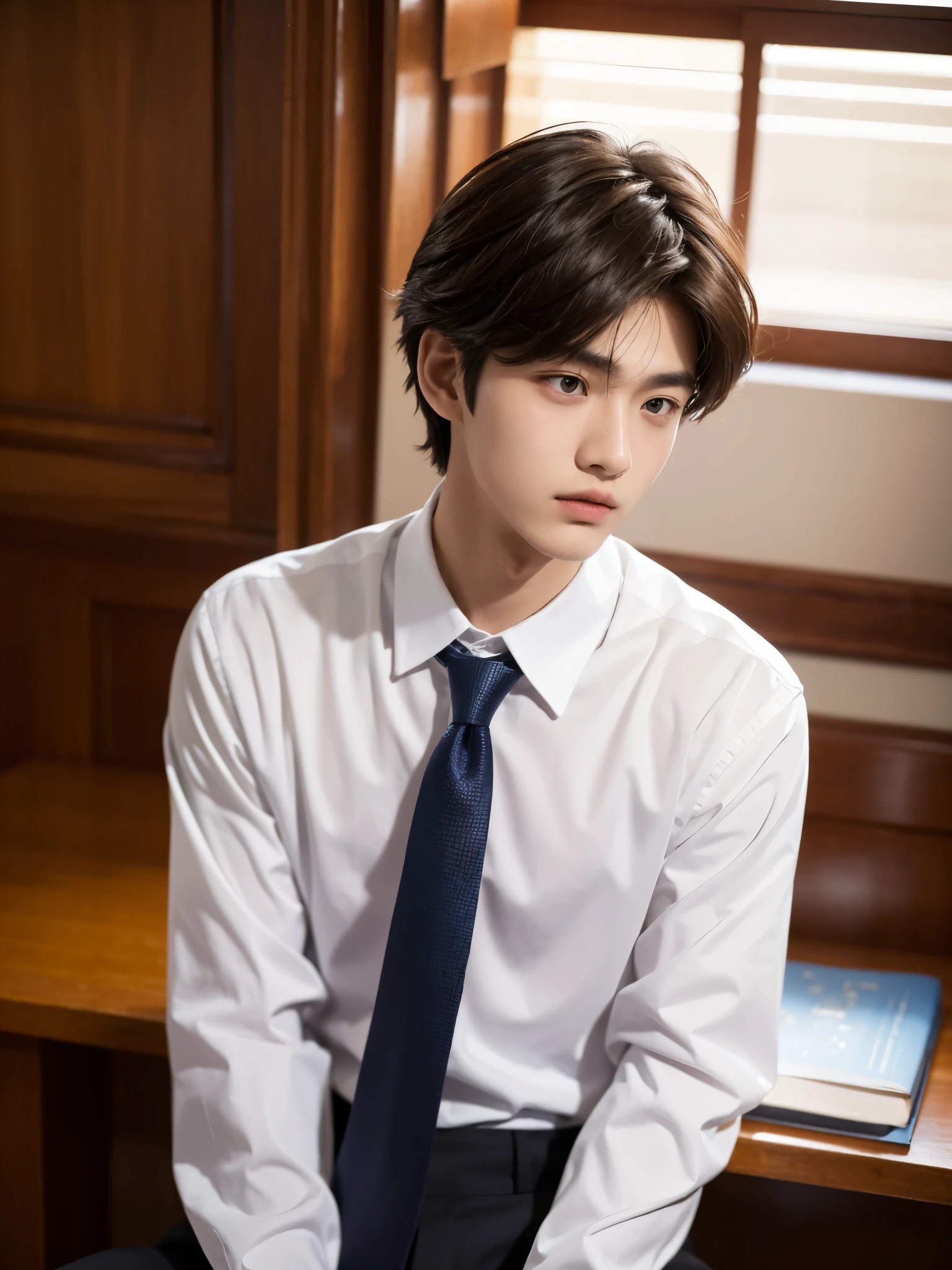 boy, 17 y.o, handsome, comma hair, long-sleeved shirt, tie, high school