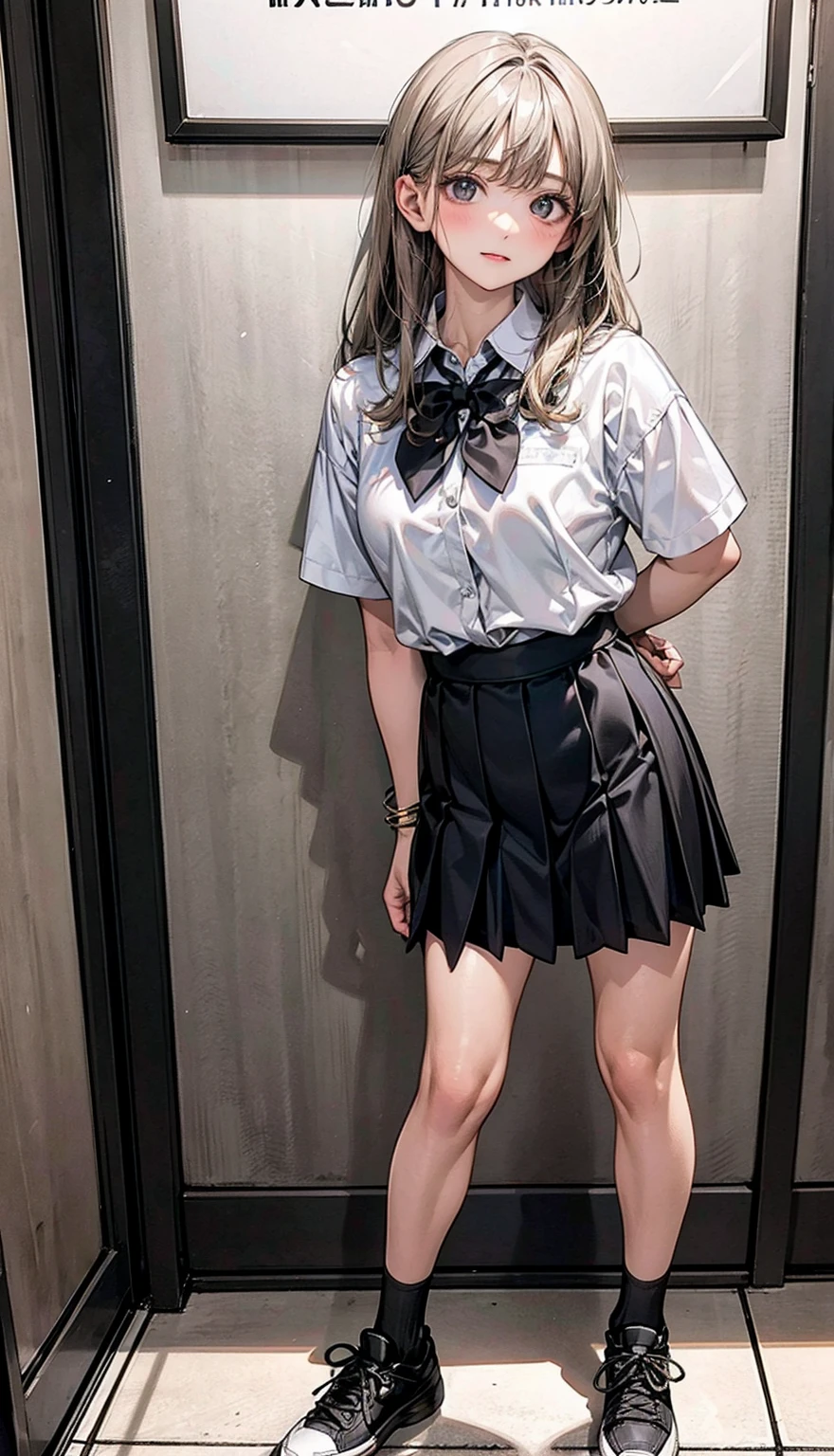 hi-school girl、Cool、White shirt、Black pleated skirt、woman 1，Dark Hotel、platinum-blonde-hair、A bracelet、Dramatic Writing、full-shot、Slender woman、high-school uniform、Cinematic lighting、美丽的面容、A sexy、Gray eyes、model shot、Whole human body、full-shot、Short black socks、Black sneakers、japanes、sixteen years old、Cool、I see underwear、Opened shirt、Sheer lingerie、Standing Pose、Hands fold behind your back、thick legs、a short skirt、de pele branca、Black tie、Cool、
