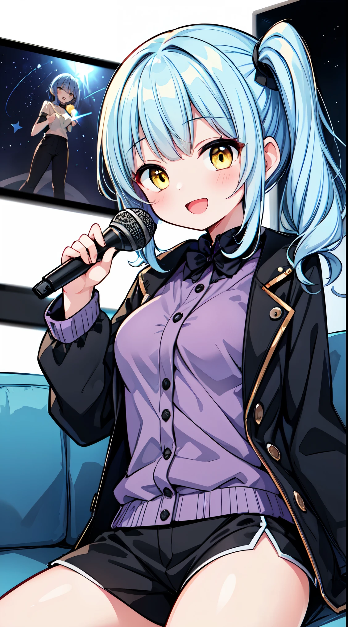 (masterpiece, top quality, best quality, official art, beautiful and aesthetic:1.2),ultra-detailed,intricate details,amazing illustration,award-winning art,atmospheric,
BREAK, 1 beautiful girl, (17 years old girl),Solo,(Cute:1.5),(Chibi:0.6),(kawaii:1.5),(Lori:0.5),BREAK,(17 years old girl), 1 beautiful girl,Very detailed,colourfull,highest details,Clear skin,Beautiful skin,Shy,Very detailed,colourfull,highest details,BREAK,Clear skin,Beautiful skin,Shy skin,BREAK,(yellow eyes, Eye Highlights,The first hyperfine stars:1.45),star eye silhouette ,BREAK,(pale blue hair, Medium length:1.4),(side ponytail,A little curly hair,Princess Cut, crossed bangs:1.3),(large breasts,Beautiful breasts(best quality face),(Top quality glowing eyes),(The best smile,:D:1.45), BREAK,
BREAK (((black coat:1.4, young purple shirt:1.5, black shorts))), shiny hair,
BREAK
(singing, holding microphone:1.5), karaoke:1.3, ((monitor:1.3)), ((sitting sofa:1.3)), blush, clean line art, shiny hair, portrait, panorama shot, cinematic angle, BREAK,wakame,wakame,wakame,(Cowboy Shot:1.4),
BREAK,(Blurry background:1.3),(absurderes, hight resolution, Super Detail Art),cel shading,Clear Color, Lonely optical effect, Beautiful pictures, Bright glow, mystic atmosphere,(Close-up of girl:1.1), Mystical light particle effect,manga influence, clean line drawings,