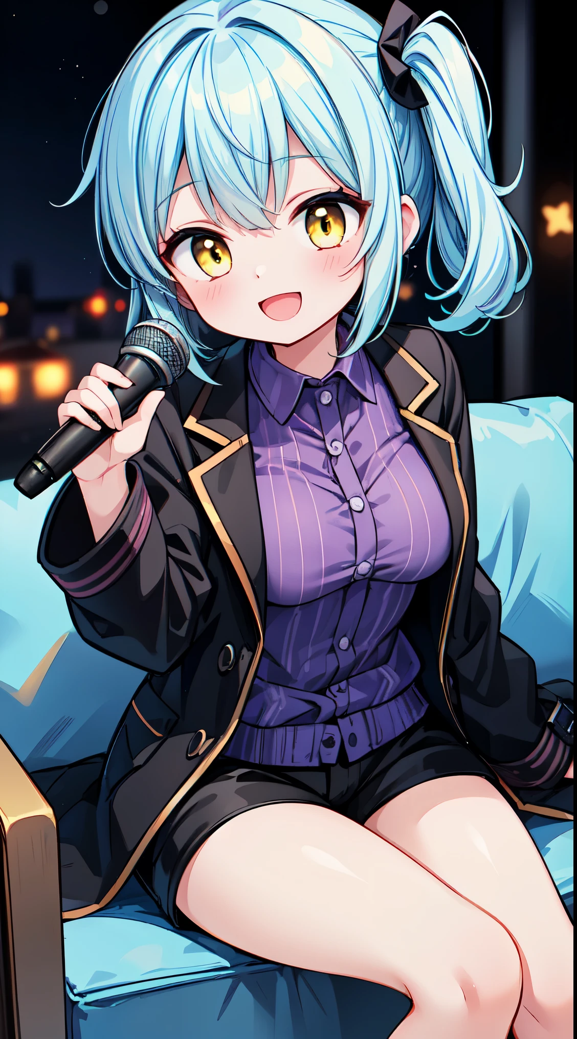(masterpiece, top quality, best quality, official art, beautiful and aesthetic:1.2),ultra-detailed,intricate details,amazing illustration,award-winning art,atmospheric,
BREAK, 1 beautiful girl, (17 years old girl),Solo,(Cute:1.5),(Chibi:0.6),(kawaii:1.5),(Lori:0.5),BREAK,(17 years old girl), 1 beautiful girl,Very detailed,colourfull,highest details,Clear skin,Beautiful skin,Shy,Very detailed,colourfull,highest details,BREAK,Clear skin,Beautiful skin,Shy skin,BREAK,(yellow eyes, Eye Highlights,The first hyperfine stars:1.45),star eye silhouette ,BREAK,(pale blue hair, Medium length:1.4),(side ponytail,A little curly hair,Princess Cut, crossed bangs:1.3),(large breasts,Beautiful breasts(best quality face),(Top quality glowing eyes),(The best smile,:D:1.45), BREAK,
BREAK (((black coat:1.4, young purple shirt:1.5, black shorts))), shiny hair,
BREAK
(singing, holding microphone:1.5), karaoke:1.3, ((monitor:1.3)), ((sitting sofa:1.3)), blush, clean line art, shiny hair, portrait, panorama shot, cinematic angle, BREAK,wakame,wakame,wakame,(Cowboy Shot:1.4),
BREAK,(Blurry background:1.3),(absurderes, hight resolution, Super Detail Art),cel shading,Clear Color, Lonely optical effect, Beautiful pictures, Bright glow, mystic atmosphere,(Close-up of girl:1.1), Mystical light particle effect,manga influence, clean line drawings,